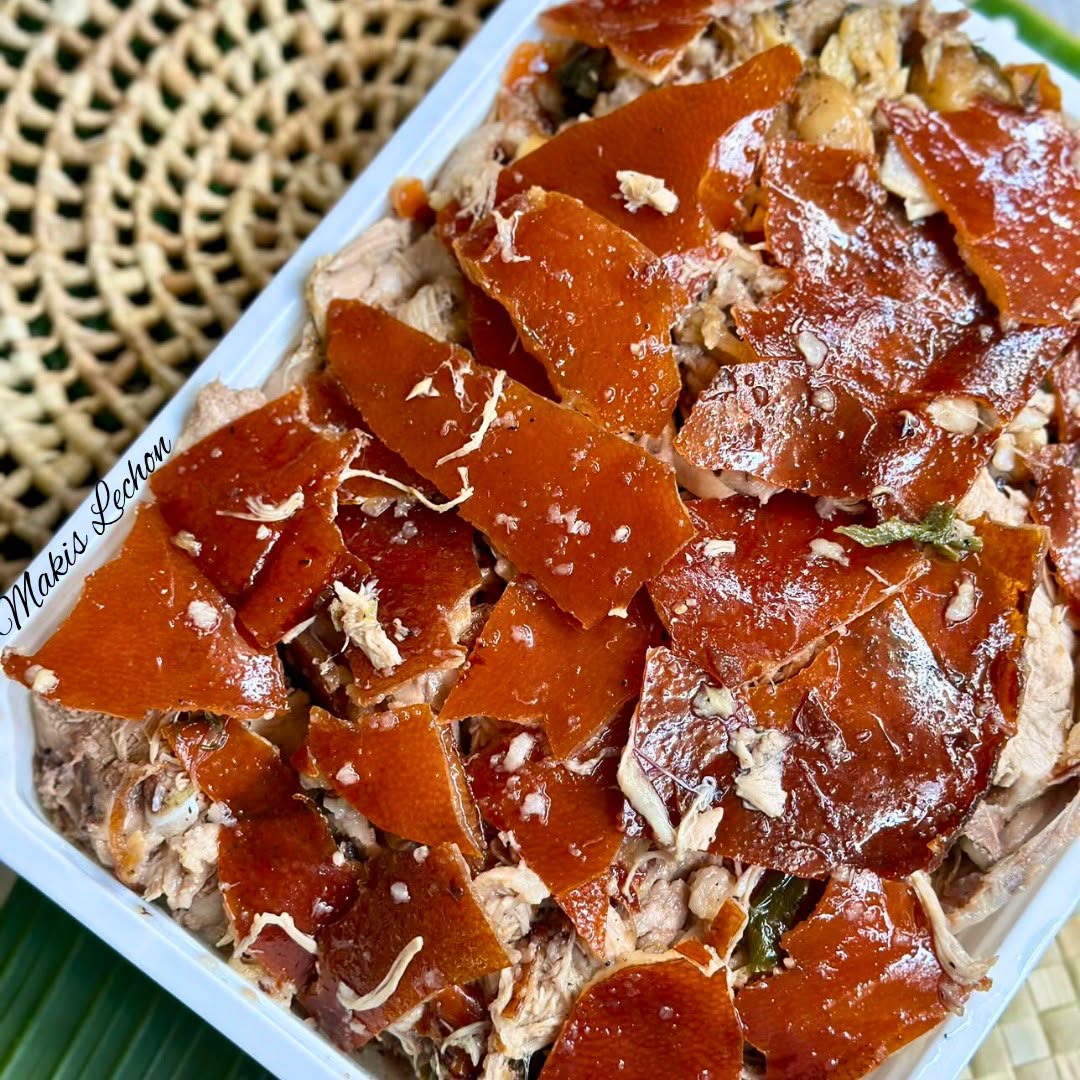 Chopped lechon in a party tray